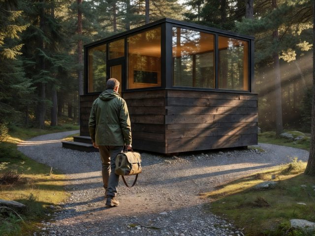 Guest carrying a small travel bag along the path to a timber and glass cabin