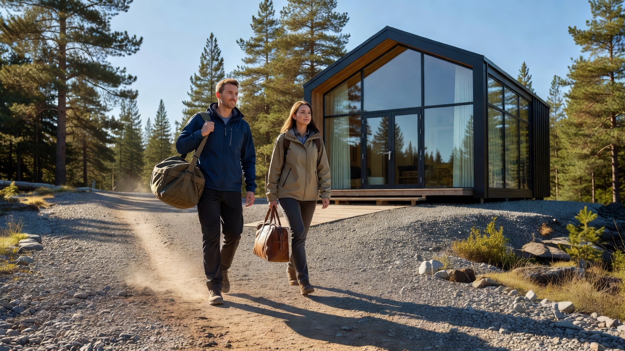 Two guests carrying travel bags along a gravel approach to a glass-fronted cabin in daylight