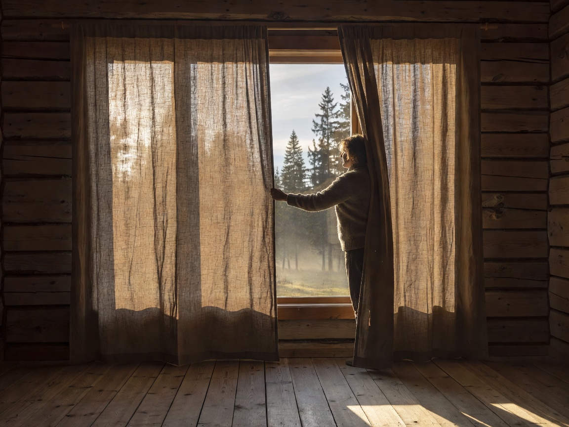Guest drawing a cabin curtain across a full-height window in the morning