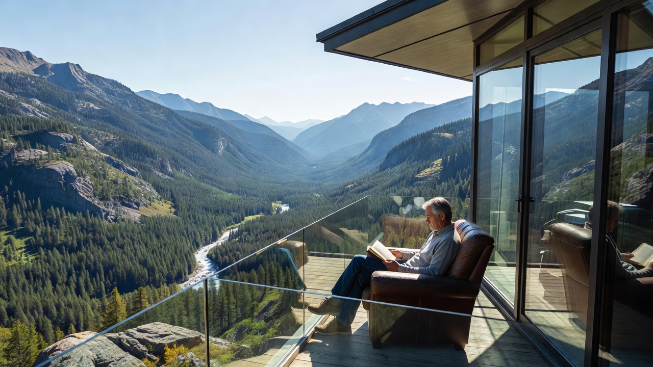 Guest reading on a sheltered glass cabin terrace above a mountain valley in daylight
