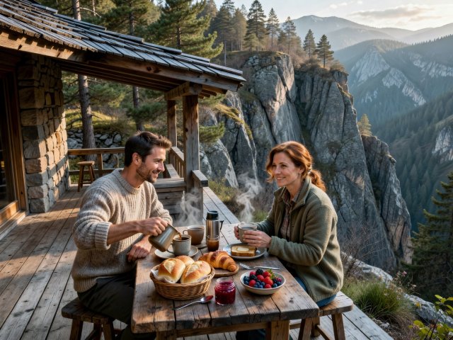 Two guests sharing breakfast on a sheltered cabin terrace overlooking steep terrain