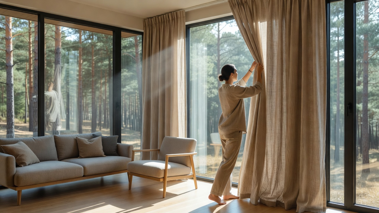 Guest adjusting a full-height curtain beside a cabin window while daylight fills the seating area
