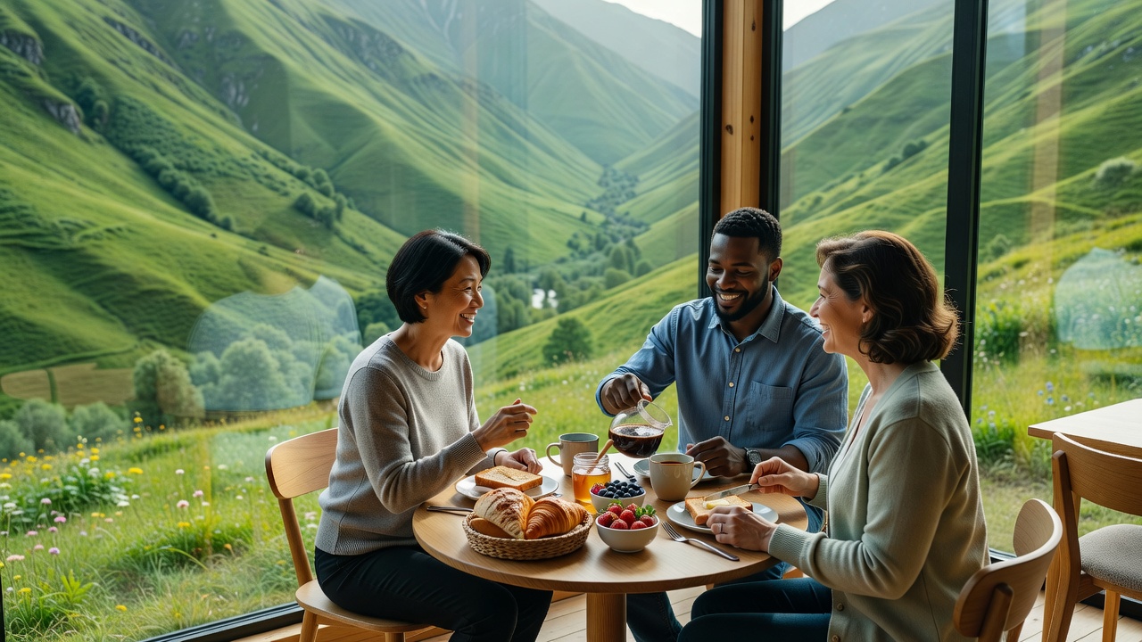 Guests sharing breakfast at a small table beside a cabin window overlooking a steep green valley