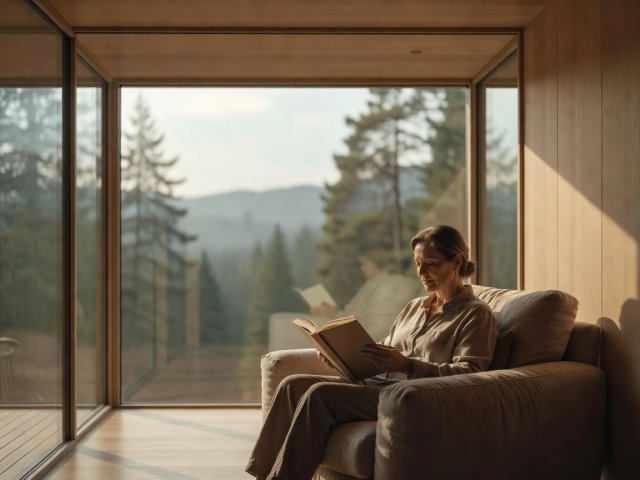 Guest reading beside a broad cabin window in soft natural daylight